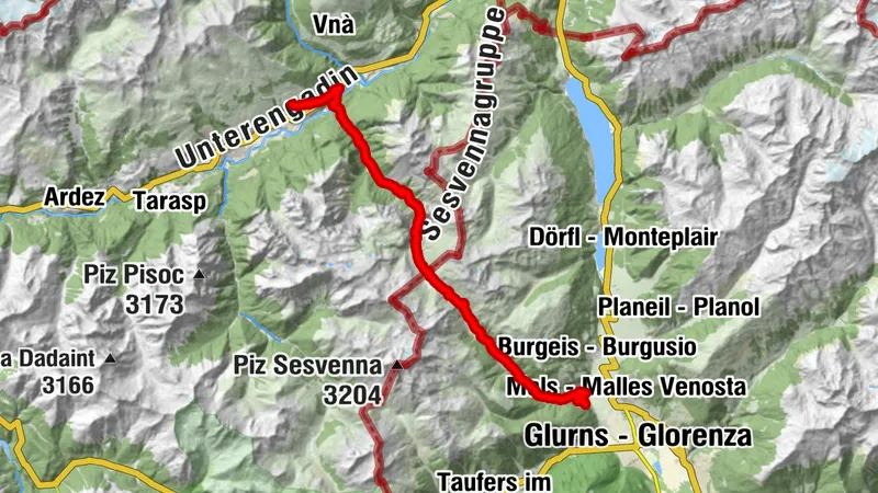 Fimber Pass – Val d'Uina – Reschen Pass: Sent – Schleis / Mals (443.02)