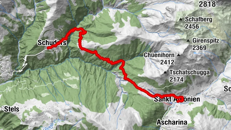 From St. Antönien over the Chleibach suspension bridge to Schuders