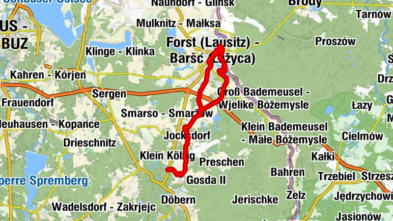 Hp. Mischwerk (geplant) - Landgasthaus Paulo - Forst (Lausitz) - Baršć (Łužyca) - Stadtkirche St. Nikolai