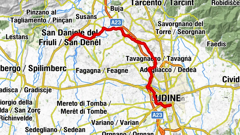 Trasa pro horská kola a gravelová kola v kopcovité krajině z Udine do San Daniele del Friuli (P030)