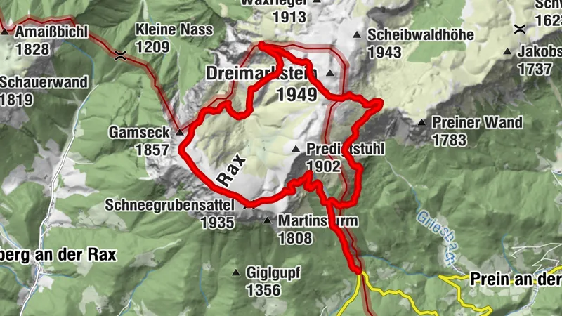 Rax: Preiner Gscheid-Karl Ludwig Haus-Heukuppe-Habsburgerhaus-Neue Seehütte-Waxrieglhaus-Preiner Gscheid